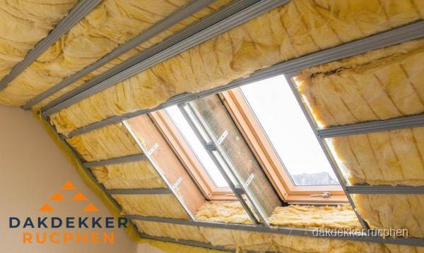 Schuin dak isoleren met glaswol bij dakraam in Rucphen Schuin dak isoleren met glaswol bij dakraam in Rucphen