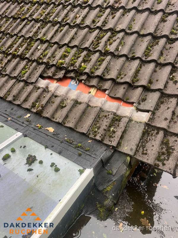 Beschadigd pannendak met ontbrekende dakpannen voor reparatie in Rucphen Beschadigd pannendak met ontbrekende dakpannen voor reparatie in Rucphen