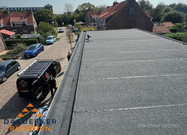 Nieuw bitumen plat dak met uitzicht over woonwijk in Rucphen