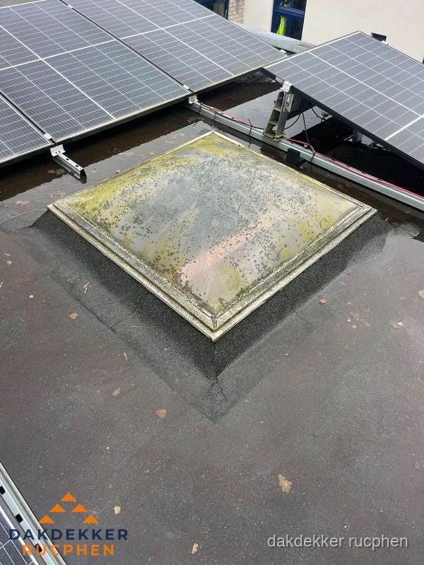 Vervuilde lichtkoepel op plat dak met zonnepanelen in Rucphen Vervuilde lichtkoepel op plat dak met zonnepanelen in Rucphen